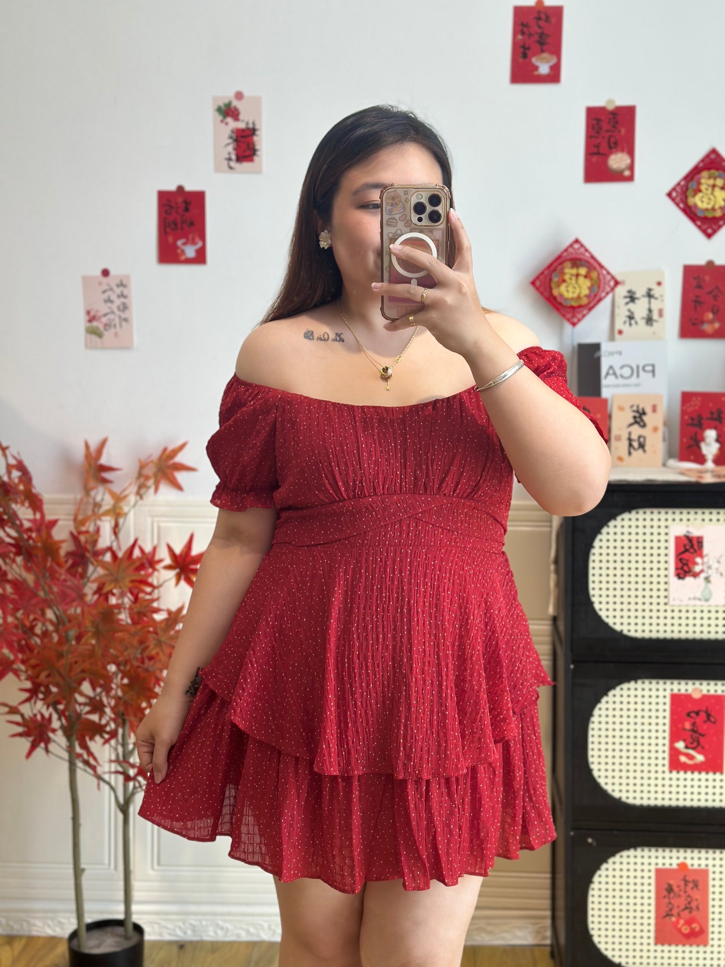 波点一字肩连衣裙 #TC312