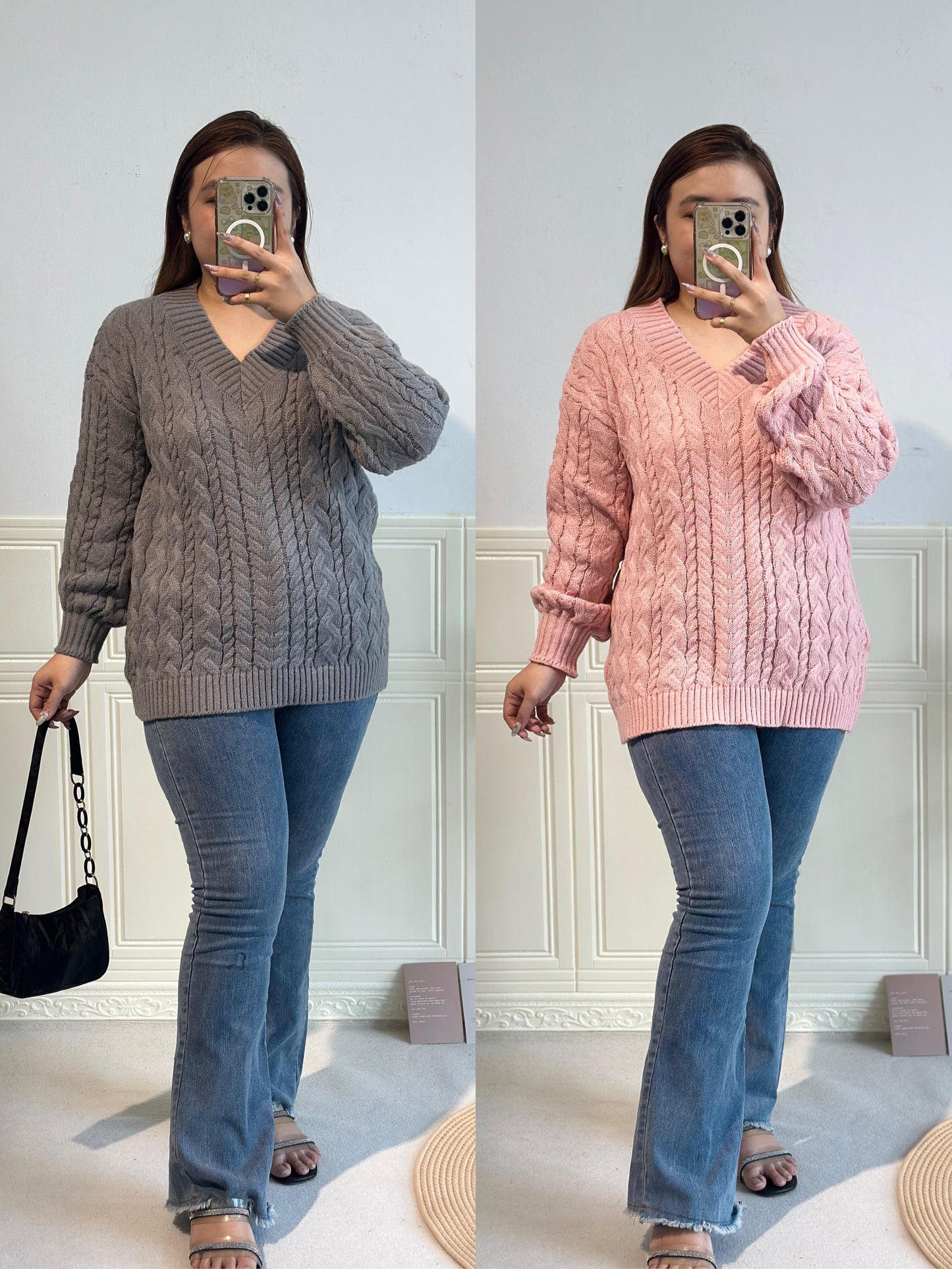 V领针织麻花毛衣 #TC243