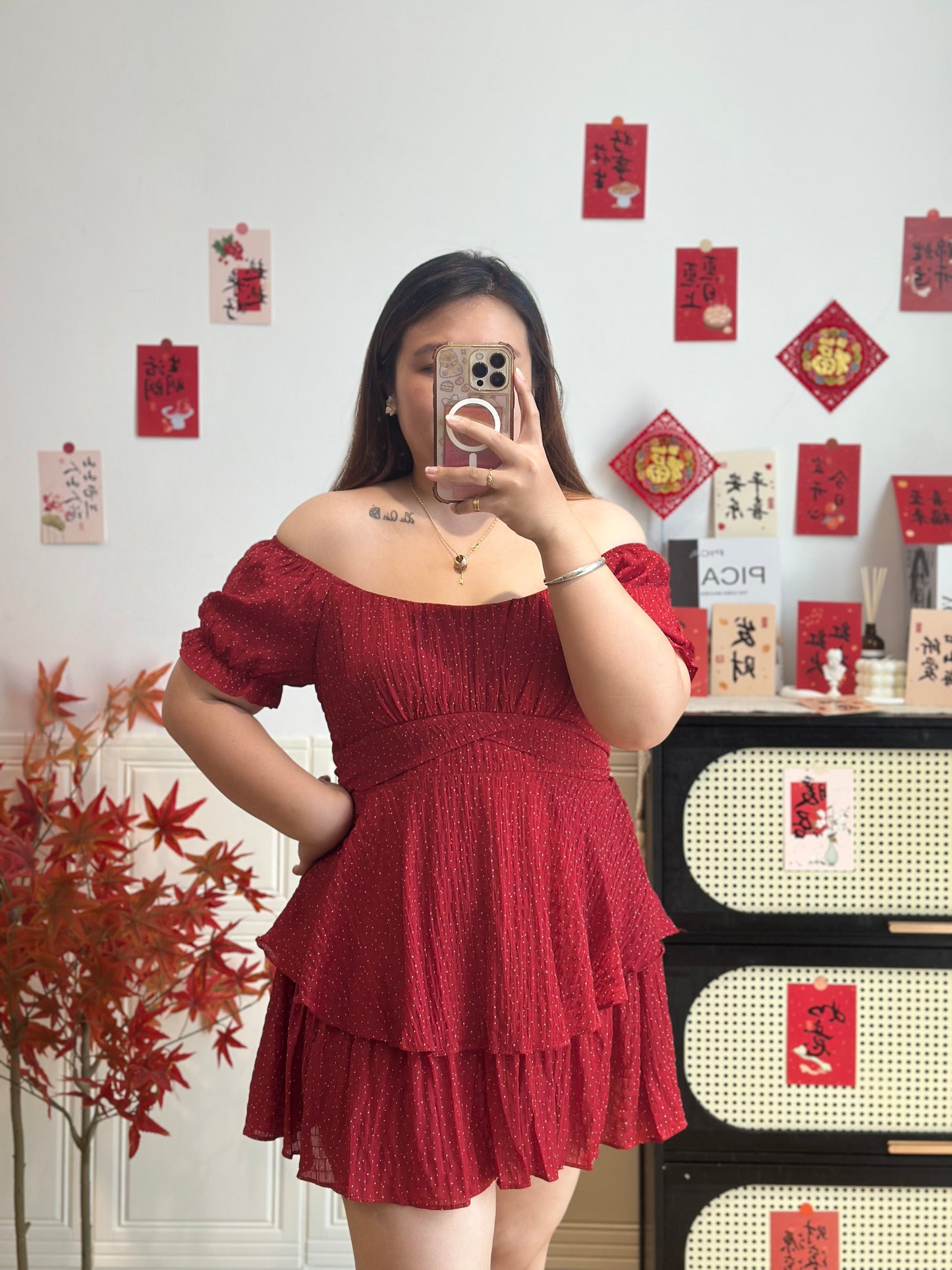 波点一字肩连衣裙 #TC312