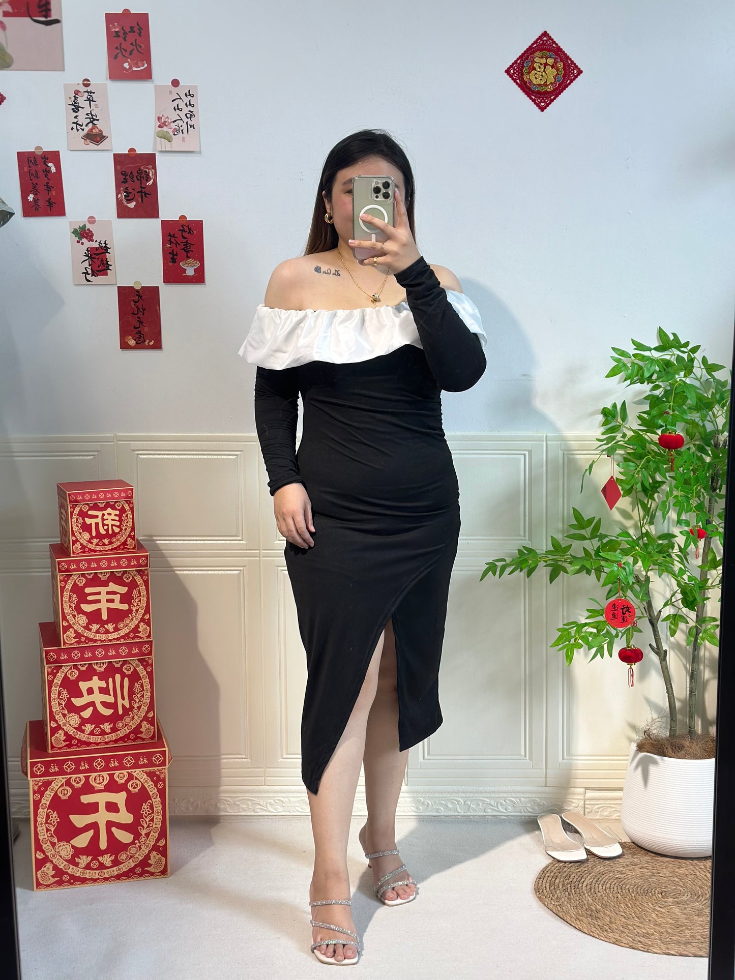 法式一字肩连身裙 #TC202