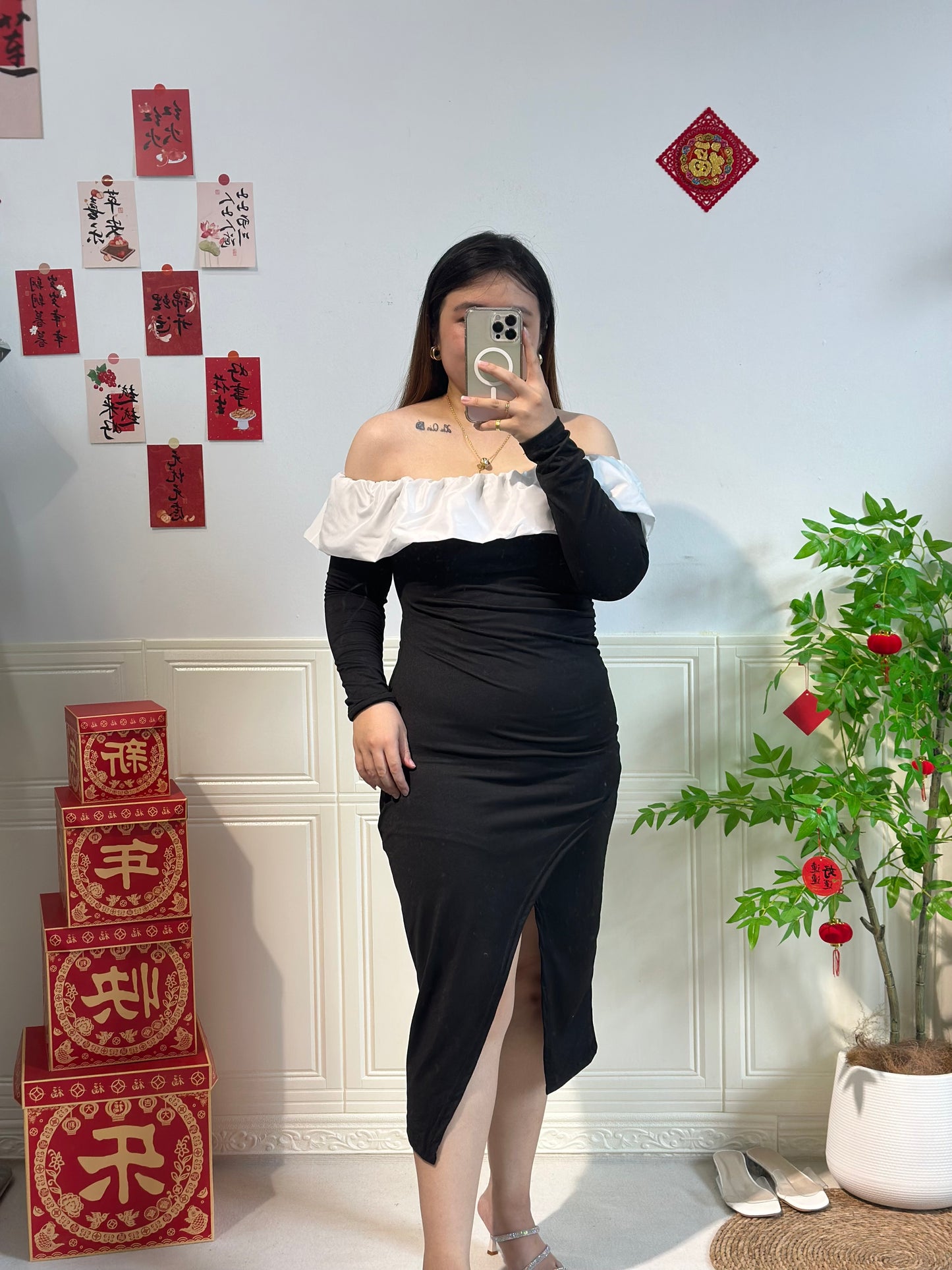 法式一字肩连身裙 #TC202