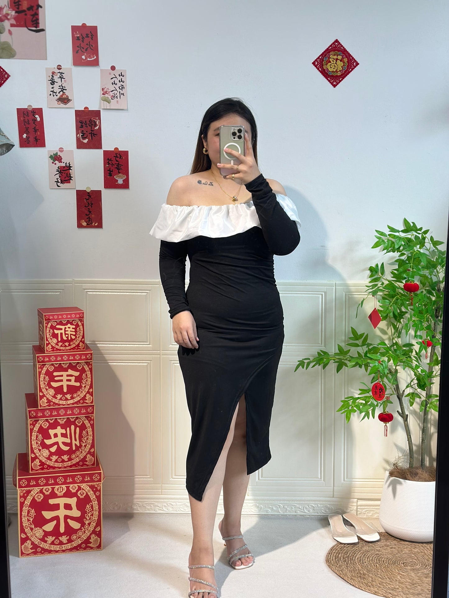 法式一字肩连身裙 #TC202