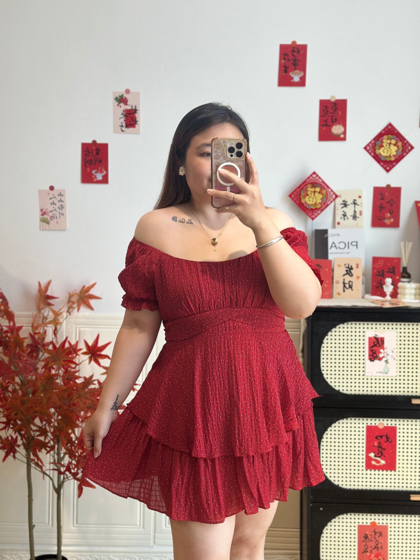 波点一字肩连衣裙 #TC312