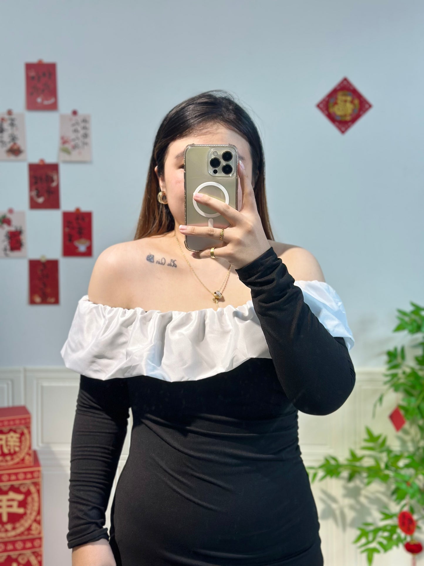 法式一字肩连身裙 #TC202