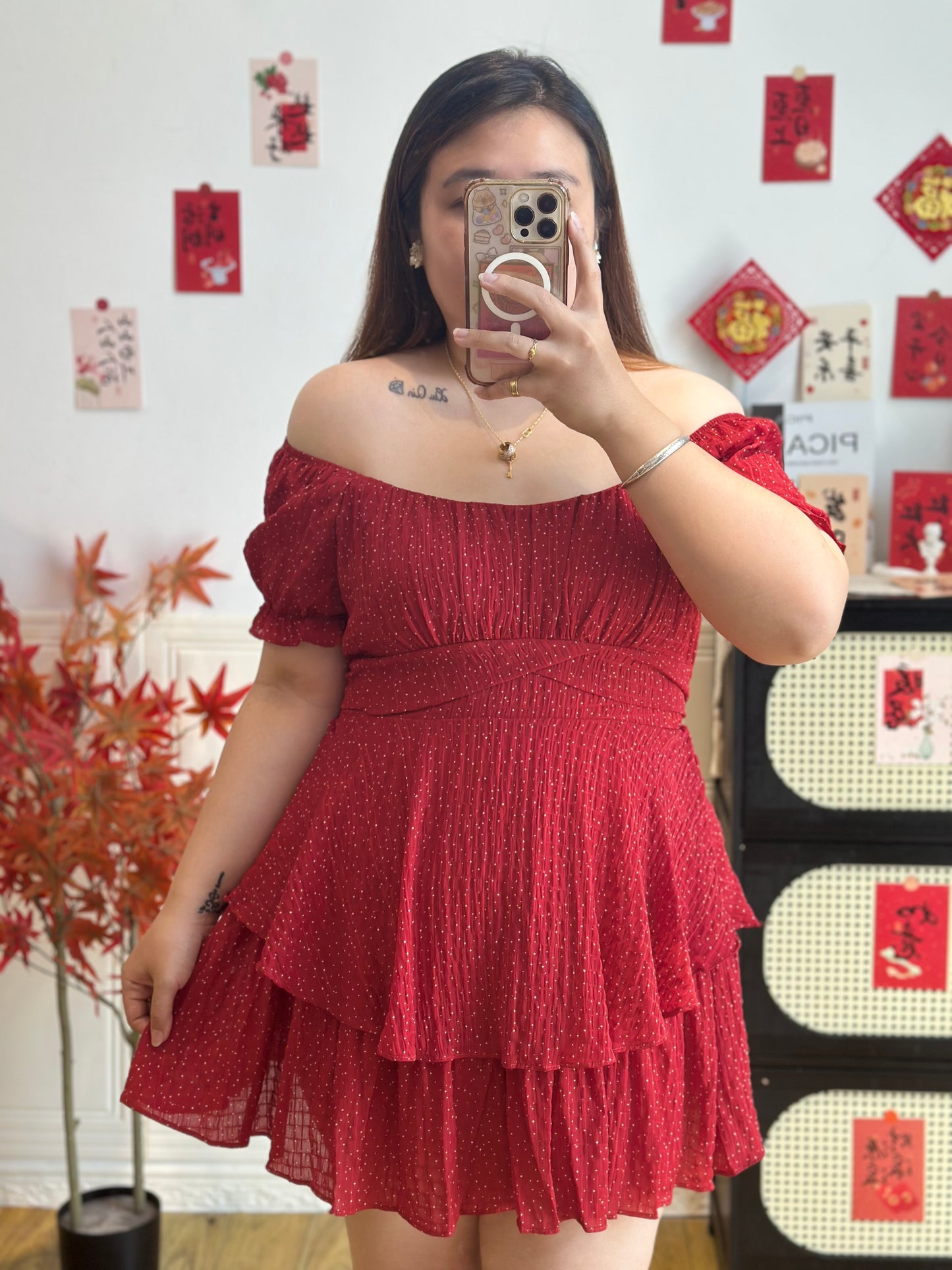 波点一字肩连衣裙 #TC312