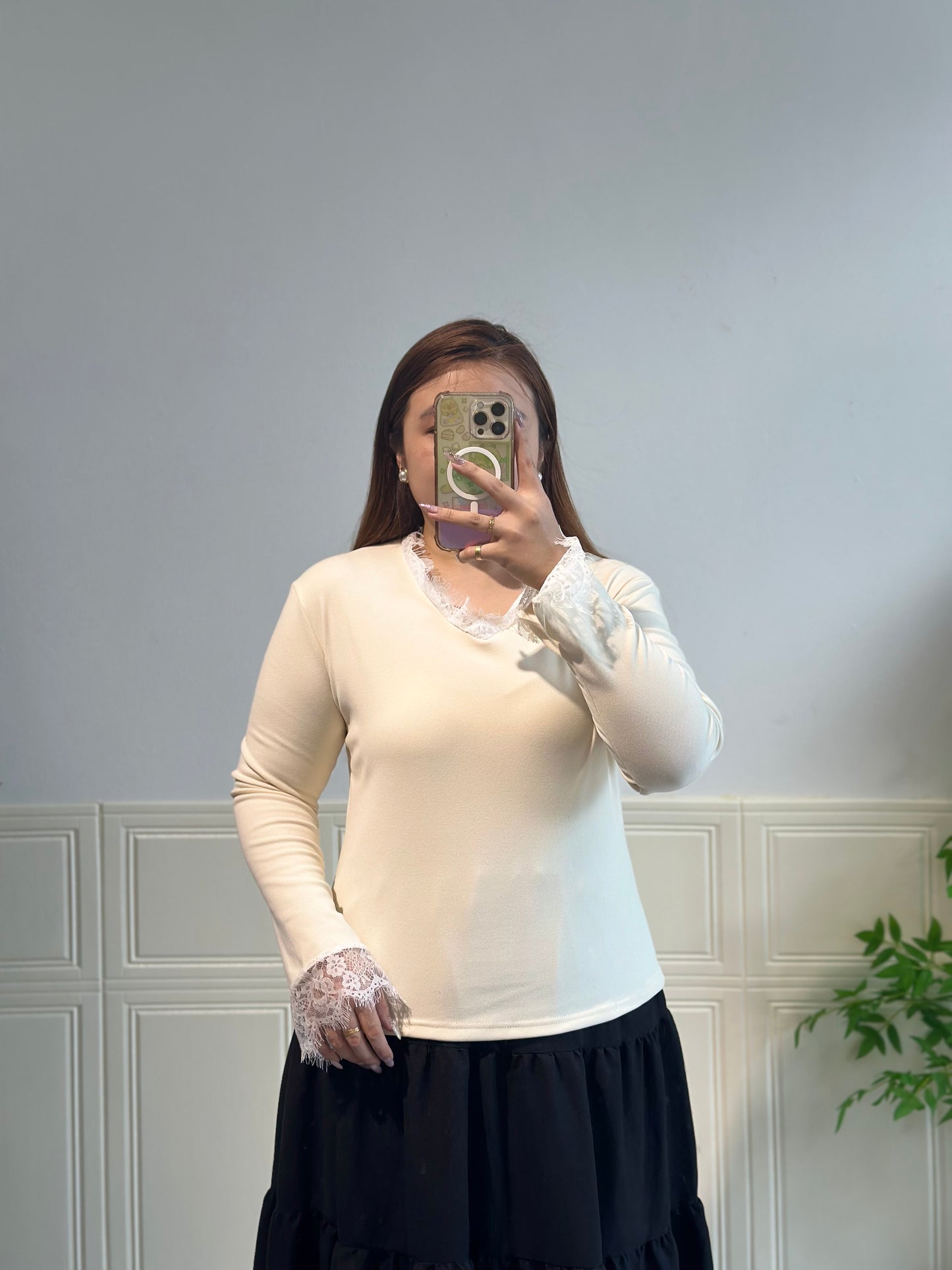 V领蕾丝纯棉上衣 #TC245