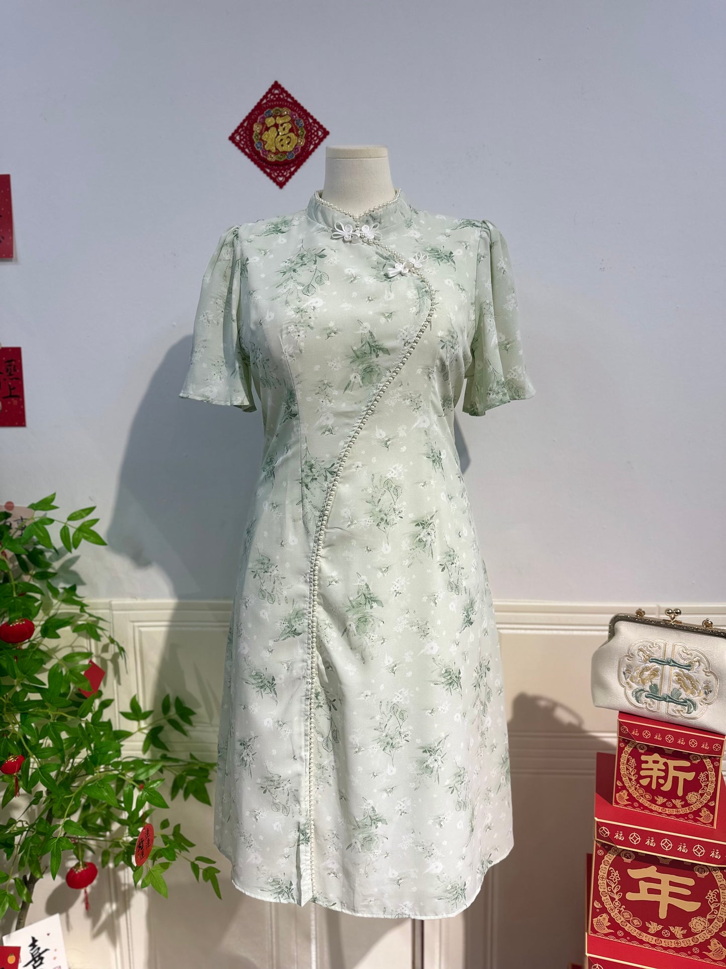 新中式珍珠雪纺旗袍 #TC219