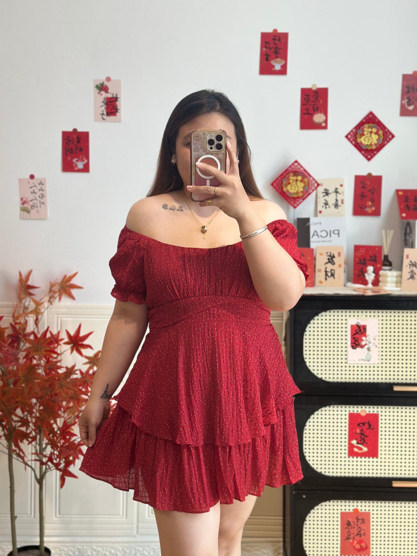 波点一字肩连衣裙 #TC312