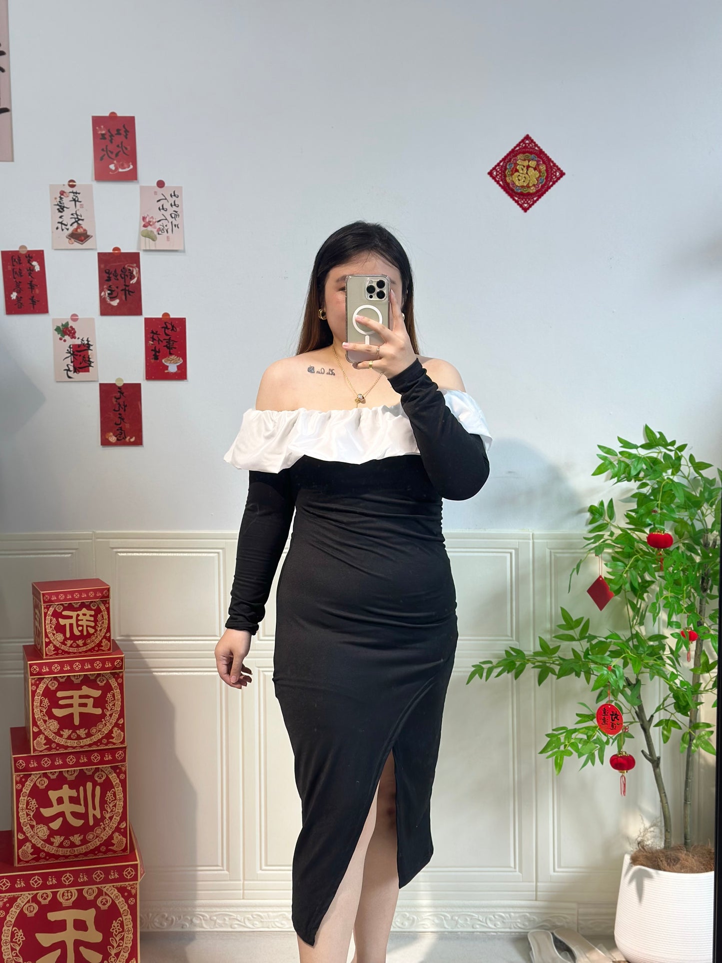 法式一字肩连身裙 #TC202