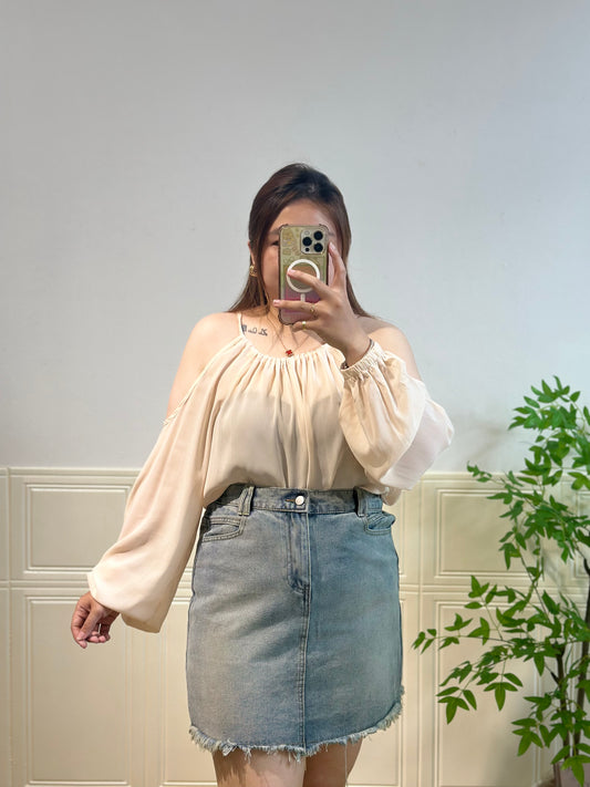 韩版毛毛边A字半身牛仔裙 #TC267