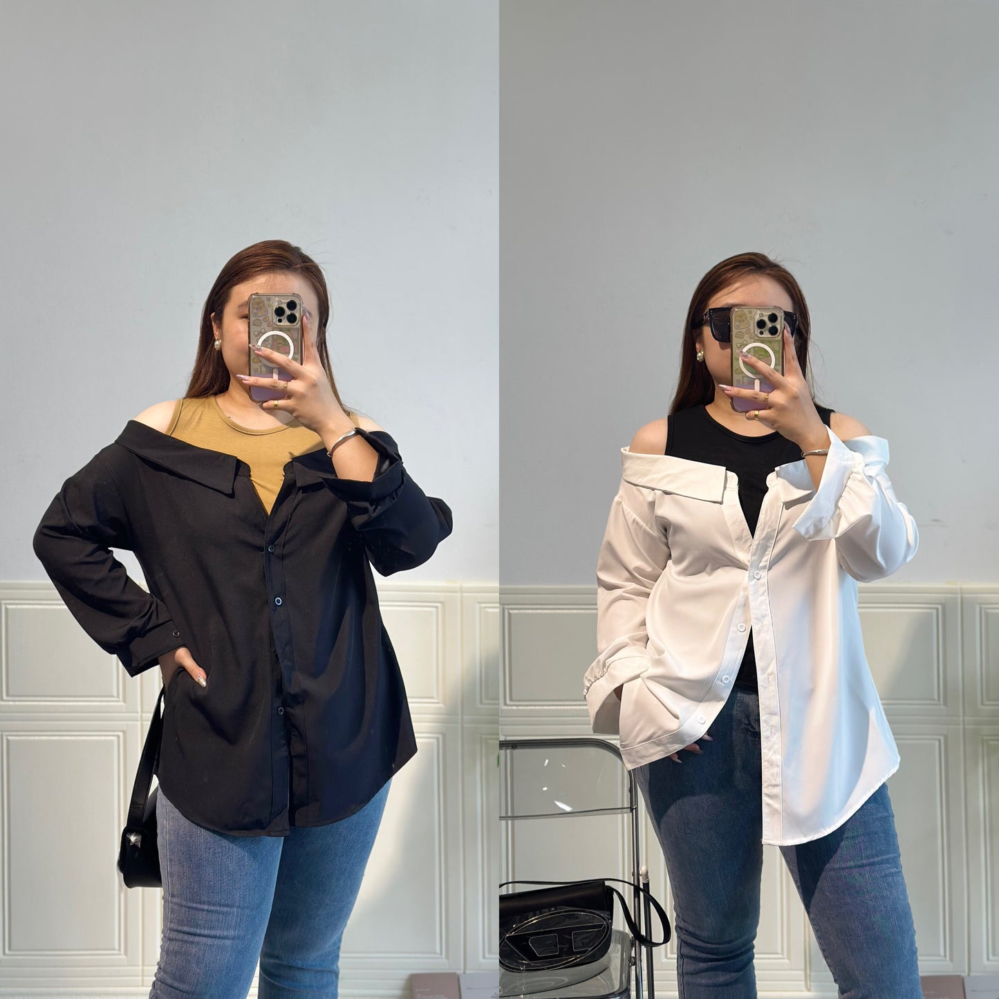 拼接衬衫假两件套上衣 #TC240