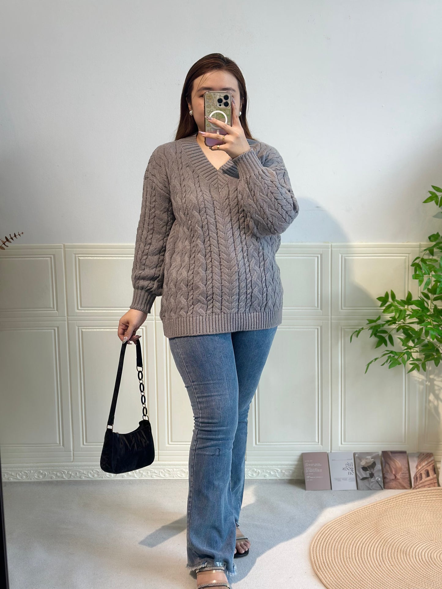 V领针织麻花毛衣 #TC243