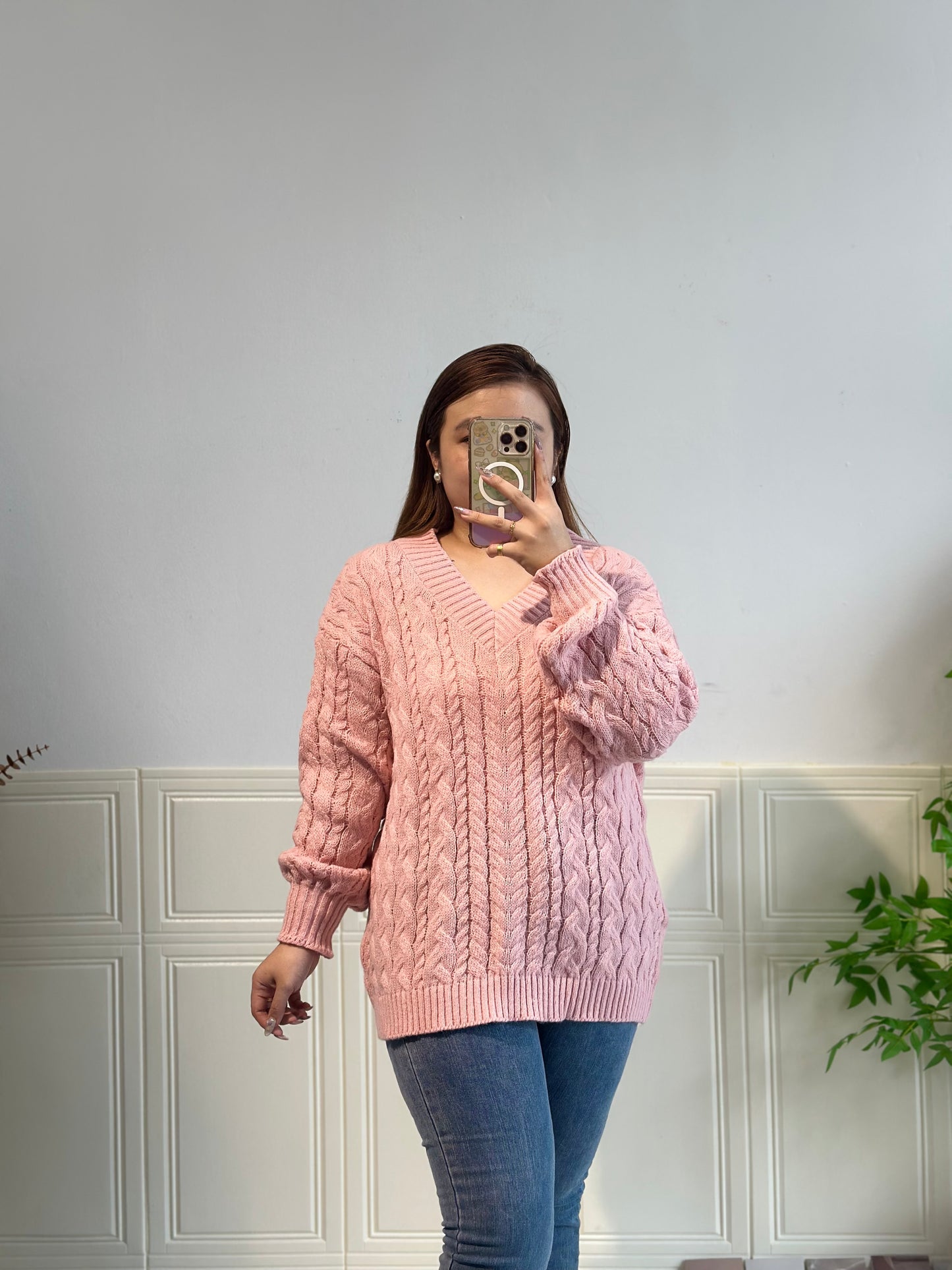 V领针织麻花毛衣 #TC243