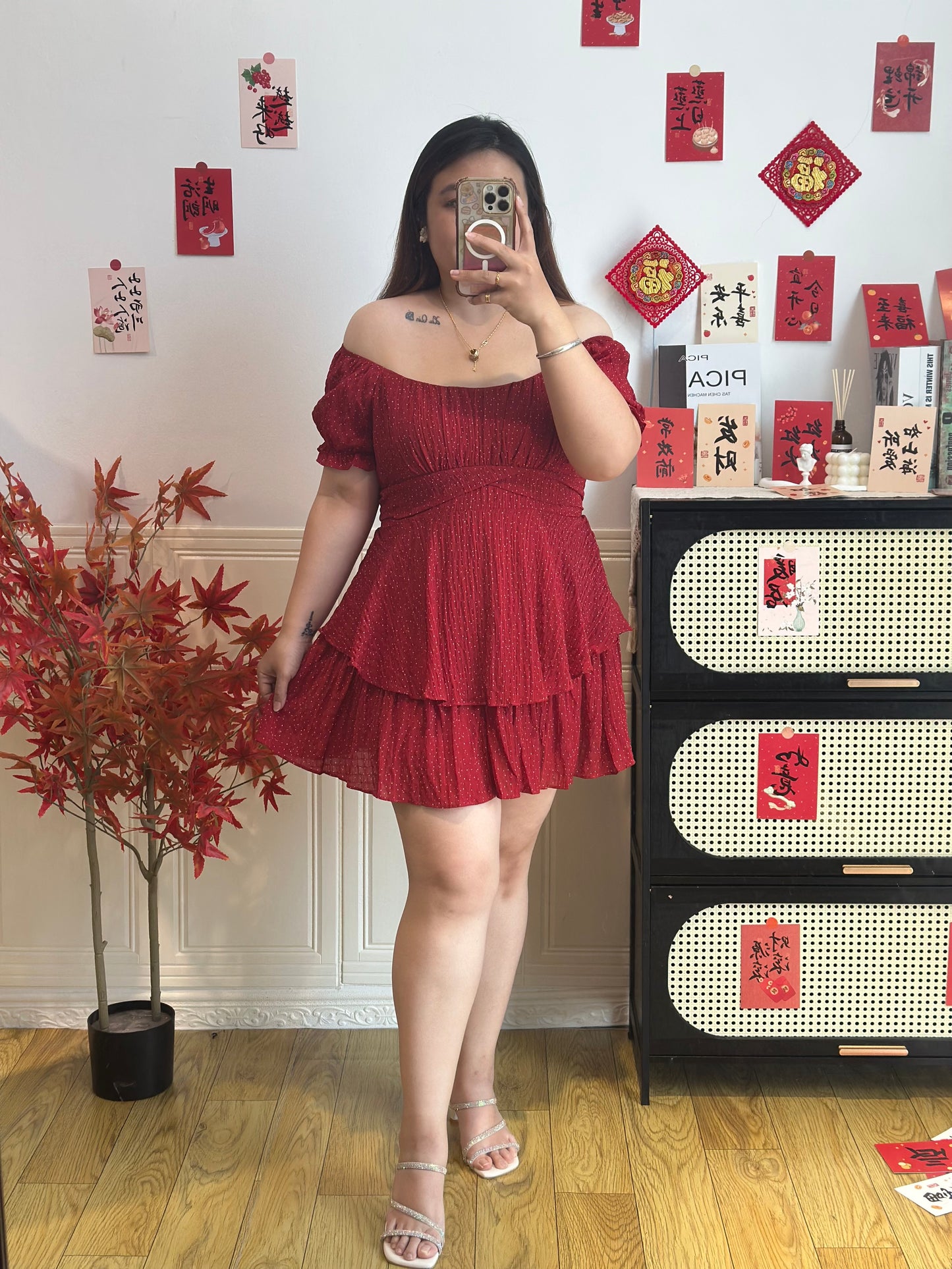 波点一字肩连衣裙 #TC312