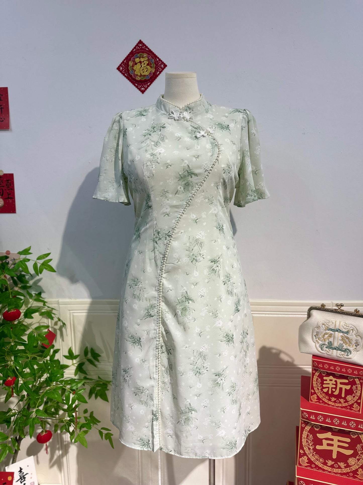 新中式珍珠雪纺旗袍 #TC219