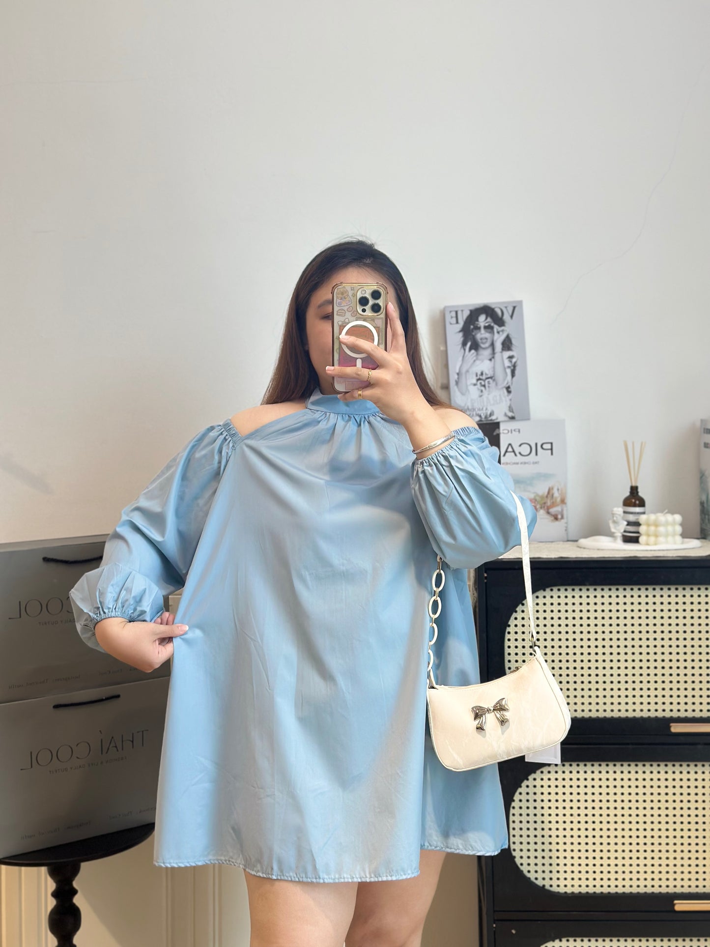 法式露肩长袖连衣裙 #TC290